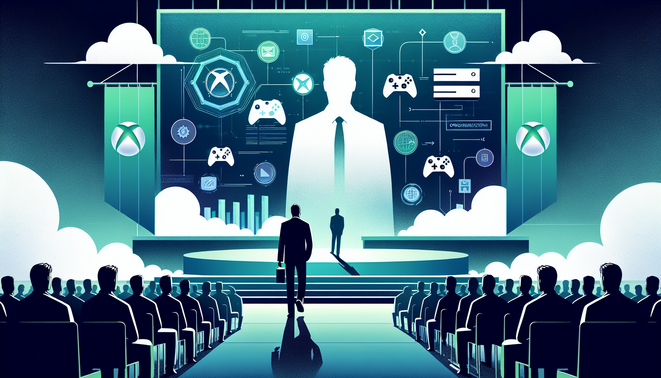 Ilustrasi pemimpin lama dan baru Xbox di panggung, menatap ikon cloud gaming dan layanan digital masa depan.