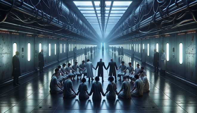 Koridor laboratorium gelap dengan para korban eksperimen saling menopang, diawasi sosok berkuasa di balik kaca.