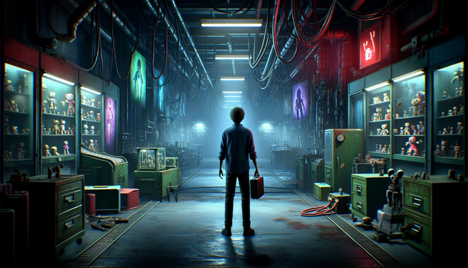 Ilustrasi pabrik mainan horor remang-remang dengan mainan rusak, sosok Poppy jauh di lorong, dan protagonis bersiluet.