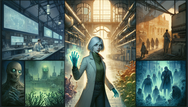 Ilustrasi Rose dewasa di koridor fasilitas riset gelap, dikelilingi jamur bercahaya dan bayangan masa lalu.