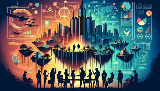 Ilustrasi kantor perusahaan game besar yang merestrukturisasi lima studio kreatif dengan ikon waralaba dan grafik bisnis.