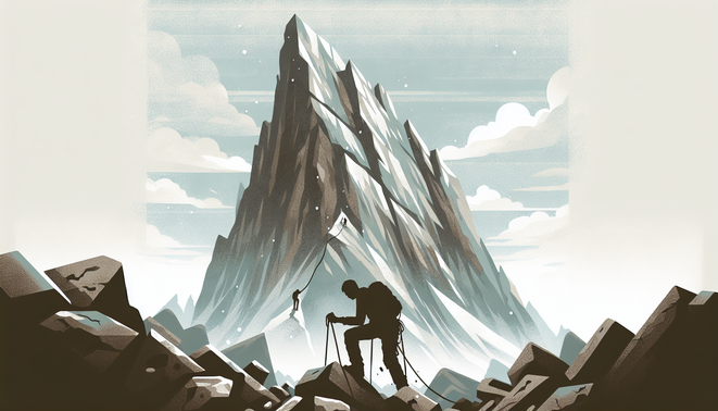 Siluet pendaki kecil memanjat tebing tinggi redup, tampak lelah namun tetap naik di suasana gunung sunyi.