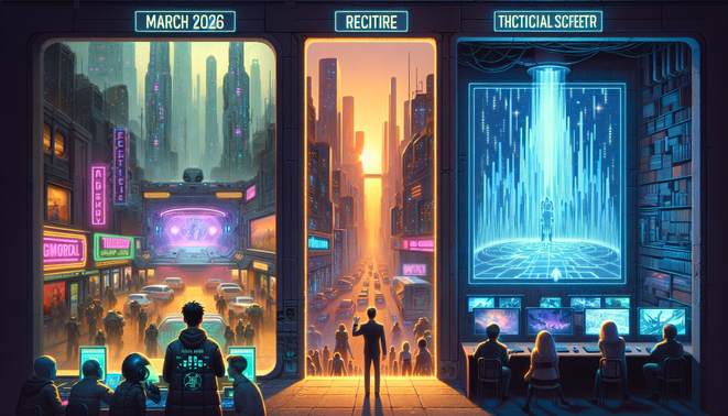 Ilustrasi kontras penutupan MMO futuristis, hype game baru lesu, dan studio indie bercahaya hangat.