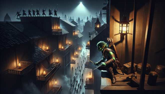 Goblin pencuri menyelinap di atap kota fantasi gelap menghindari penjaga berjaga dengan obor.