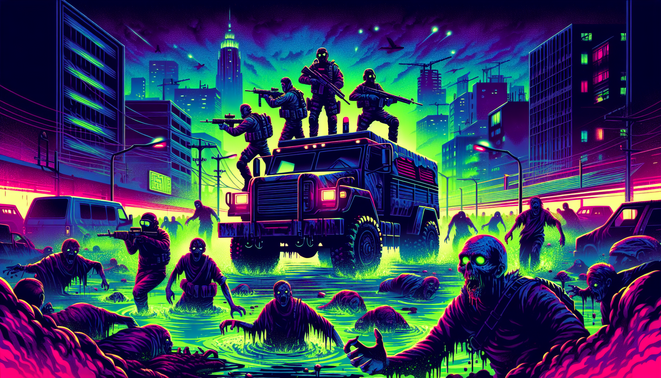 Empat komando bersenjata di atas truk melawan gerombolan zombie di kota pasca-apokaliptik bercahaya hijau toksik.
