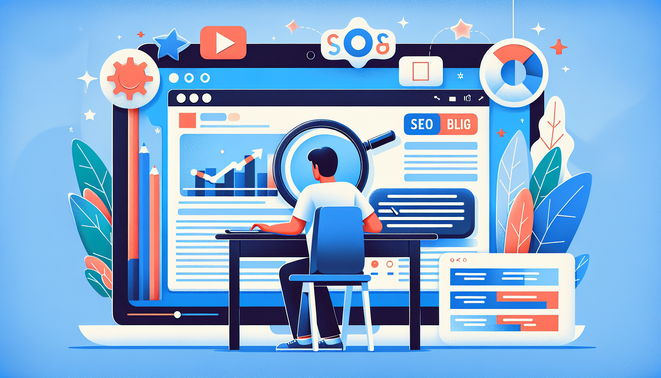 Ilustrasi kreator mengubah transkrip YouTube di layar laptop menjadi artikel blog rapi dan SEO-friendly.