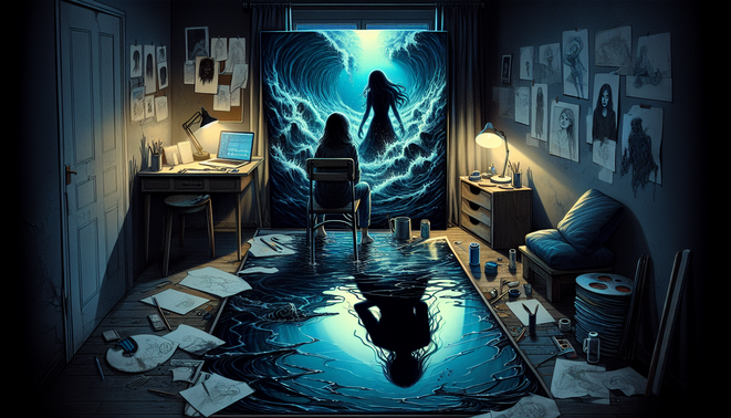 Seniman muda di studio sempit menatap lukisan laut gelap dengan sosok perempuan misterius muncul dari kedalaman.