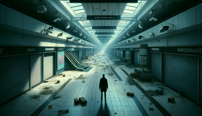 Koridor mall terbengkalai penuh bayangan dengan lampu berkedip, CCTV tua, dan sosok sendirian dalam suasana horor statis.