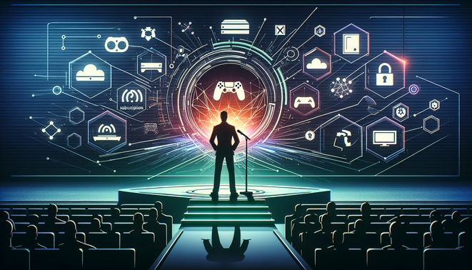 Ilustrasi pemimpin baru Xbox di panggung, konsol futuristik dan ekosistem game pass serta cloud gaming saling terhubung.