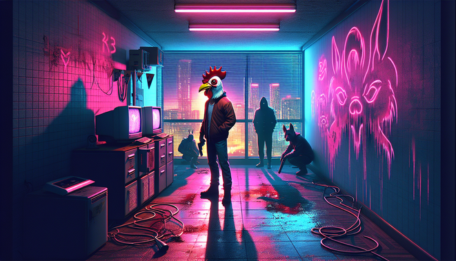 Pria bertopeng ayam di koridor neon gelap dengan siluet berhelm motor dan kilatan ledakan nuklir di kejauhan.