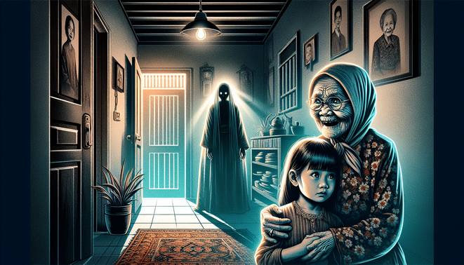 Ibu muda memeluk putrinya di rumah tua remang dengan bayangan sosok nenek misterius di koridor.