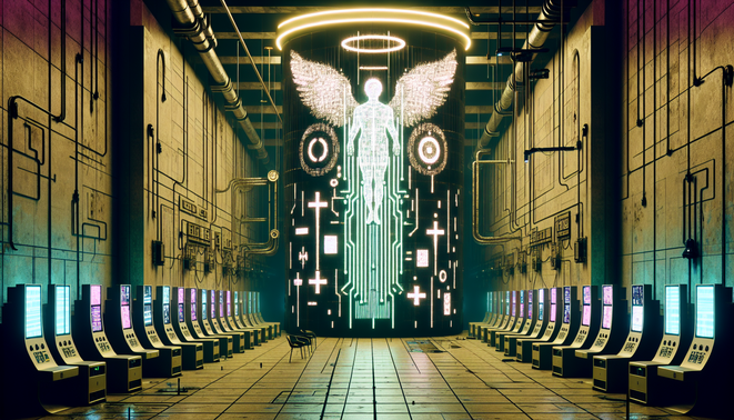 Ilustrasi koridor fasilitas riset horor, mesin angelik mekanis, simbol religius bercampur teknologi, atmosfer kuning redup menegangkan.