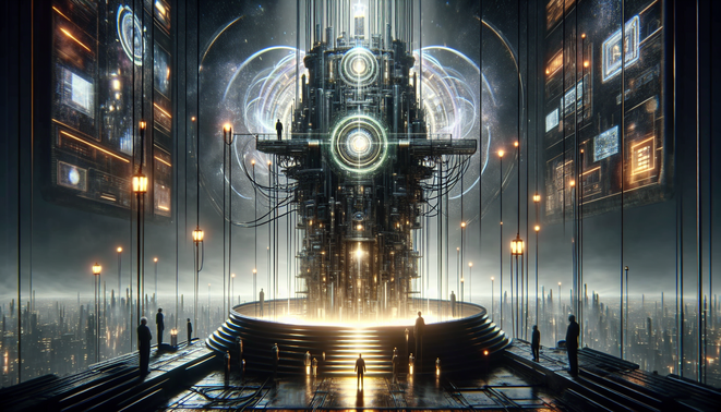 Mesin menara futuristik raksasa seperti Menara Babel modern dengan ilmuwan sendirian menatap kota distopia di kejauhan.