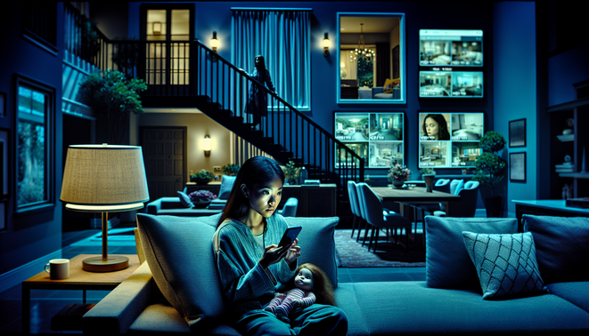 Babysitter tegang memegang ponsel di ruang keluarga mewah dengan monitor CCTV dan anak kecil mengintip di tangga.