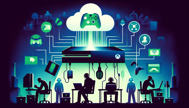 Ilustrasi kolase industri game: konsol futuristik, pekerja terdampak PHK, dan simbol platform besar dalam suasana serius.