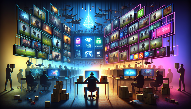 Ilustrasi berita game mingguan: PHK di studio, layanan langganan game, dan gamer dihadapkan banyak rilis baru.