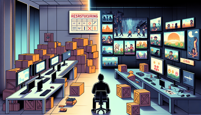 Ilustrasi industri game di persimpangan, antara PHK studio, game live service tutup, dan rilis baru yang menjanjikan.