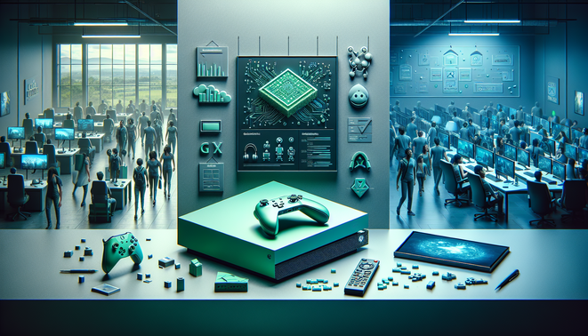 Ilustrasi tiga isu game: konsol baru, PHK studio besar, dan harga dinamis toko digital.