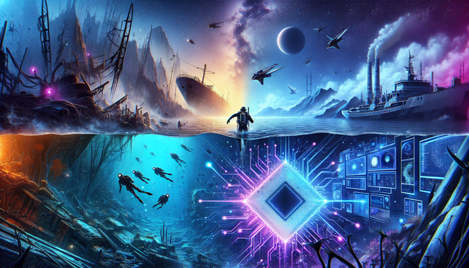 Ilustrasi tiga tema berita game: dunia bawah laut, teknologi grafis futuristis, dan lanskap luar angkasa modern.