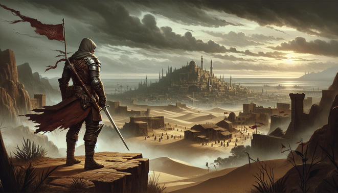 Prajurit bayaran menatap dunia dark fantasy luas dengan kota berbenteng, reruntuhan, dan langit kelabu dramatis.