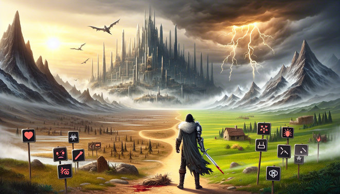 Ilustrasi prajurit fantasi di persimpangan jalan dunia Crimson Desert yang indah namun berbahaya.