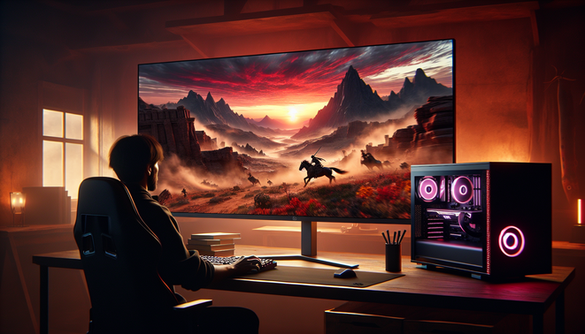 Ilustrasi gamer menguji performa game open world dengan grafis indah namun tampak sedikit stutter di layar.