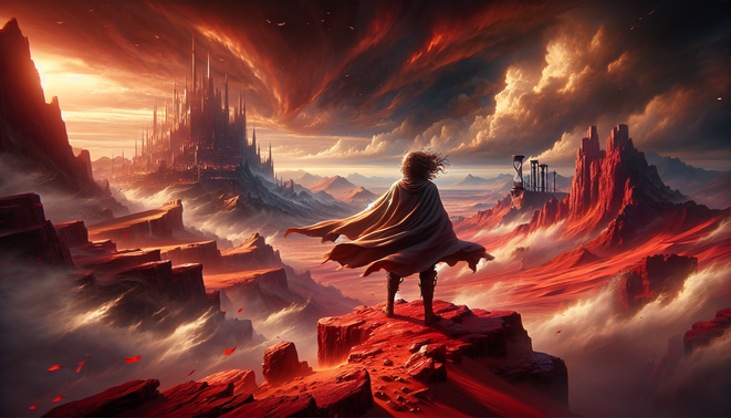 Petarung fantasi memandang dunia open-world epik dari tebing, dengan kota kerajaan jauh dan langit senja dramatis.