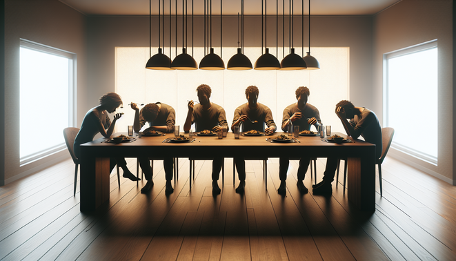 Ilustrasi ruang makan modern dengan keluarga tegang di meja, piring berantakan, suasana hangat namun sarat konflik emosi.