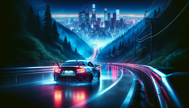 Mobil sport melaju di jalan gunung Jepang yang basah, berlatar kota neon malam mirip Tokyo.