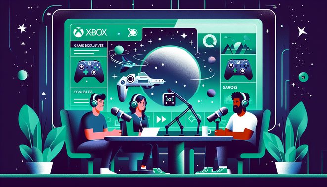 Ilustrasi studio podcast membahas Xbox, Game Pass, dan game luar angkasa di layar latar futuristis.