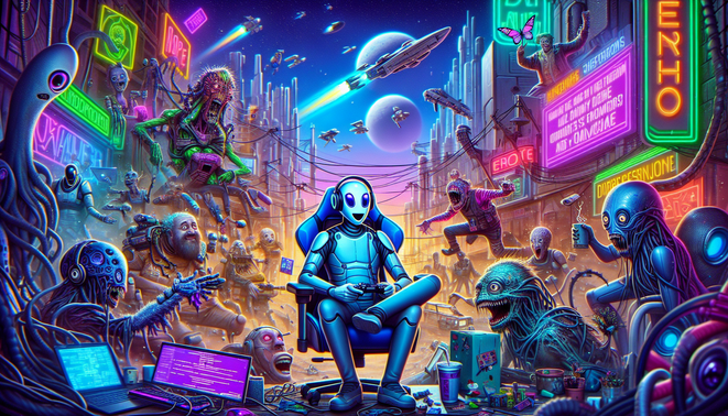 Pemain di kota alien neon dikelilingi senjata berbicara, tertawa di tengah dunia penuh bug dan kekacauan komikal.