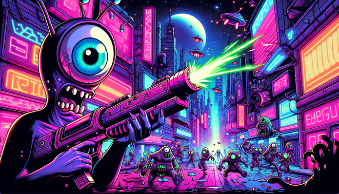 Ilustrasi FPS sci-fi kocak dengan senjata alien bermulut di kota neon yang kacau.