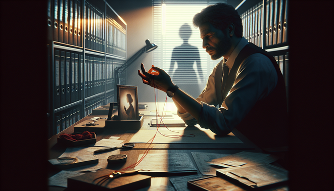 Pria rapi sendirian di ruang kerja teratur, memegang benang merah yang terhubung ke foto buram seorang perempuan.