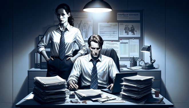 Ilustrasi Robert dan Maria di kantor, tegang di depan dokumen audit bertanda ISO 2004, menggambarkan konflik rahasia dan etika.