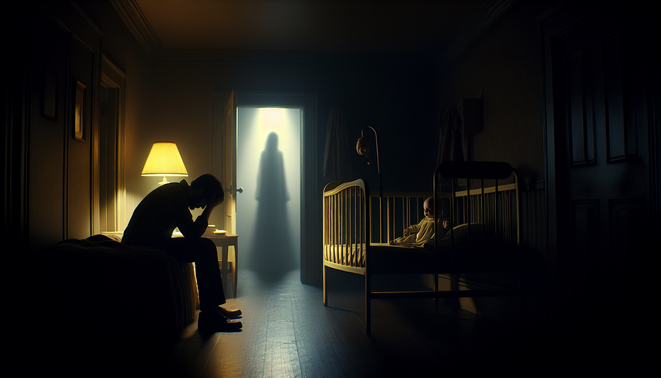 Ilustrasi pria dihantui bayangan hantu di kamar gelap dengan boks bayi, menggambarkan horor psikologis dan penyesalan.