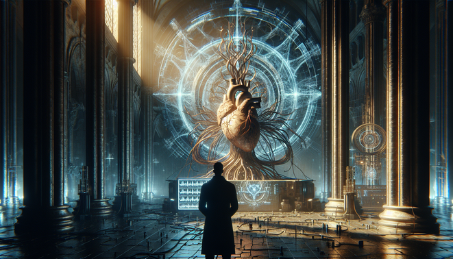 Engineer menatap mesin Angel raksasa mirip jantung bersayap di ruang inti bergaya campuran katedral dan laboratorium futuristis.