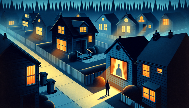 Ilustrasi malam di kompleks rumah tenang, tokoh mengintip tetangga baru misterius dari balik tirai.
