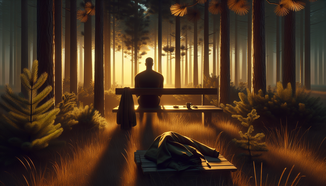 Seseorang duduk sendiri di tepi hutan pinus saat senja, ditemani secangkir kopi dan suasana sunyi reflektif.