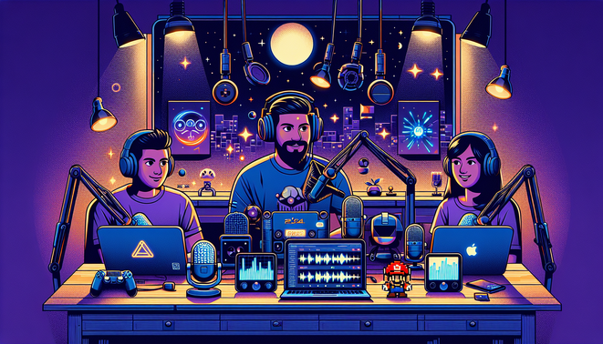 Ilustrasi studio podcast game Indonesia dengan PS5 mahal, karakter bertema Mario kosmik, dan berbagai handheld PC modern.