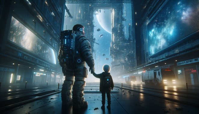 Astronot dan gadis kecil berdiri di kota futuristik sunyi dengan langit memperlihatkan hamparan luar angkasa retak.