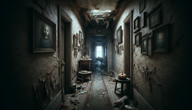 Ilustrasi lorong rumah tua suram dengan labu busuk dan foto keluarga kabur, bernuansa duka dan ketegangan keluarga.