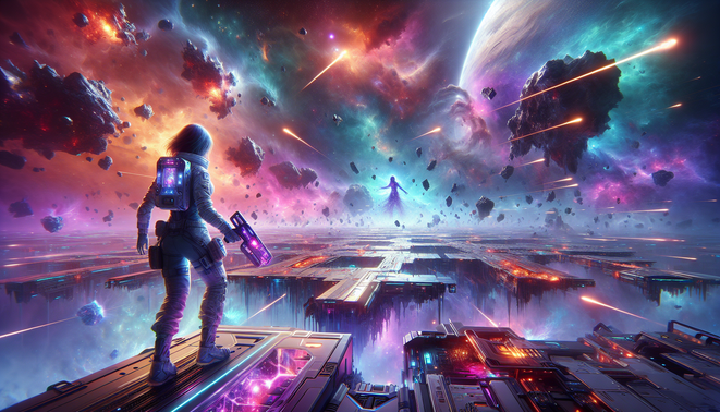 Astronaut futuristik menghadapi hujan peluru berwarna di arena kosmik penuh nebula dan reruntuhan logam.