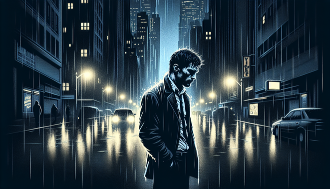 Pria kesepian berdiri di jalan kota malam penuh bayangan dengan pencahayaan kontras bernuansa neo-noir.