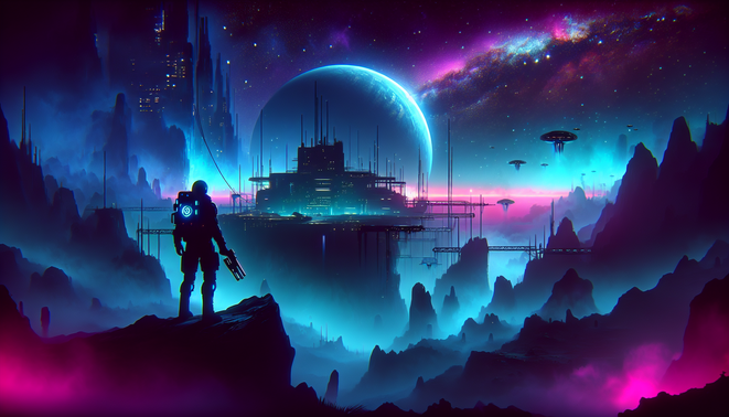 Prajurit luar angkasa menatap kompleks bangunan neon misterius di planet berbatu bernuansa kosmik gelap.