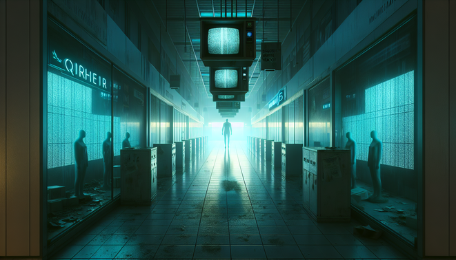 Koridor mal Northgate kosong gelap dengan monitor CCTV penuh statis dan manekin tanpa wajah.