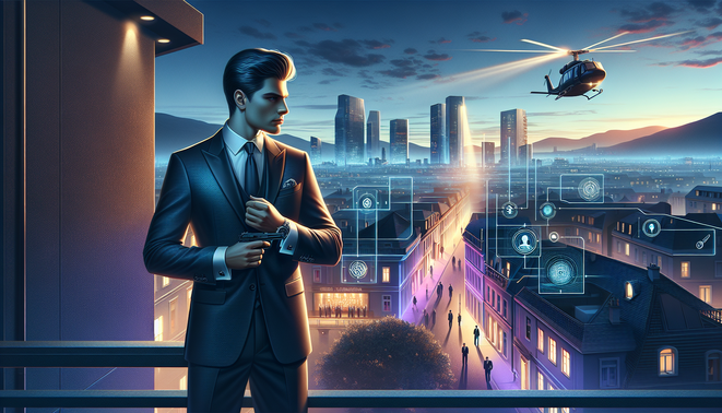 Ilustrasi agen rahasia bergaya Bond di rooftop kota neon saat fajar, memegang pistol dan siap menjalankan misi.