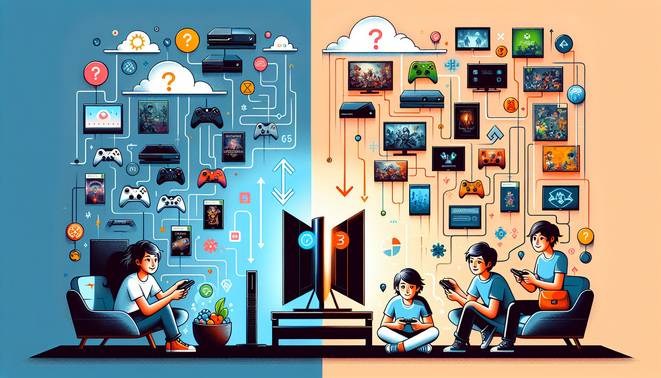 Ilustrasi gamer Indonesia di persimpangan pilihan konsol mahal, Xbox lesu, dan rilis game indie yang penuh warna.