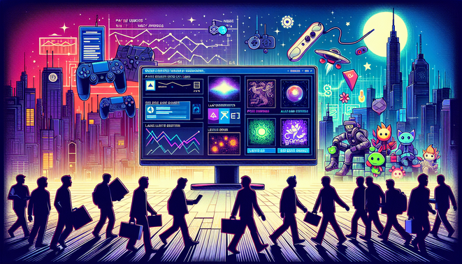 Ilustrasi update game besar, PHK studio, dan rilis game indie baru dalam satu komposisi kontras.