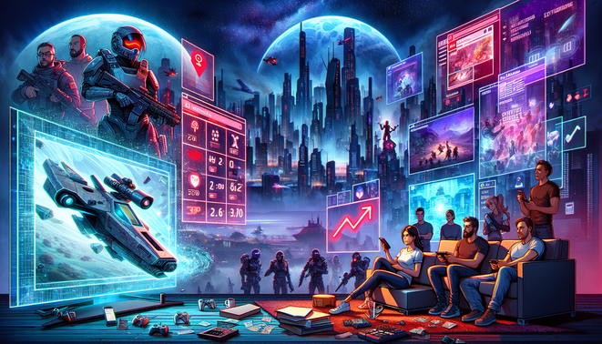 Ilustrasi gamer 2026 di antara crash game luar angkasa, kenaikan harga langganan, dan aksi extraction shooter futuristik.