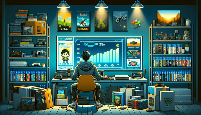 Gamer menimbang beli konsol baru, konsol lama, dan game indie di laptop dalam suasana kamar gaming modern.